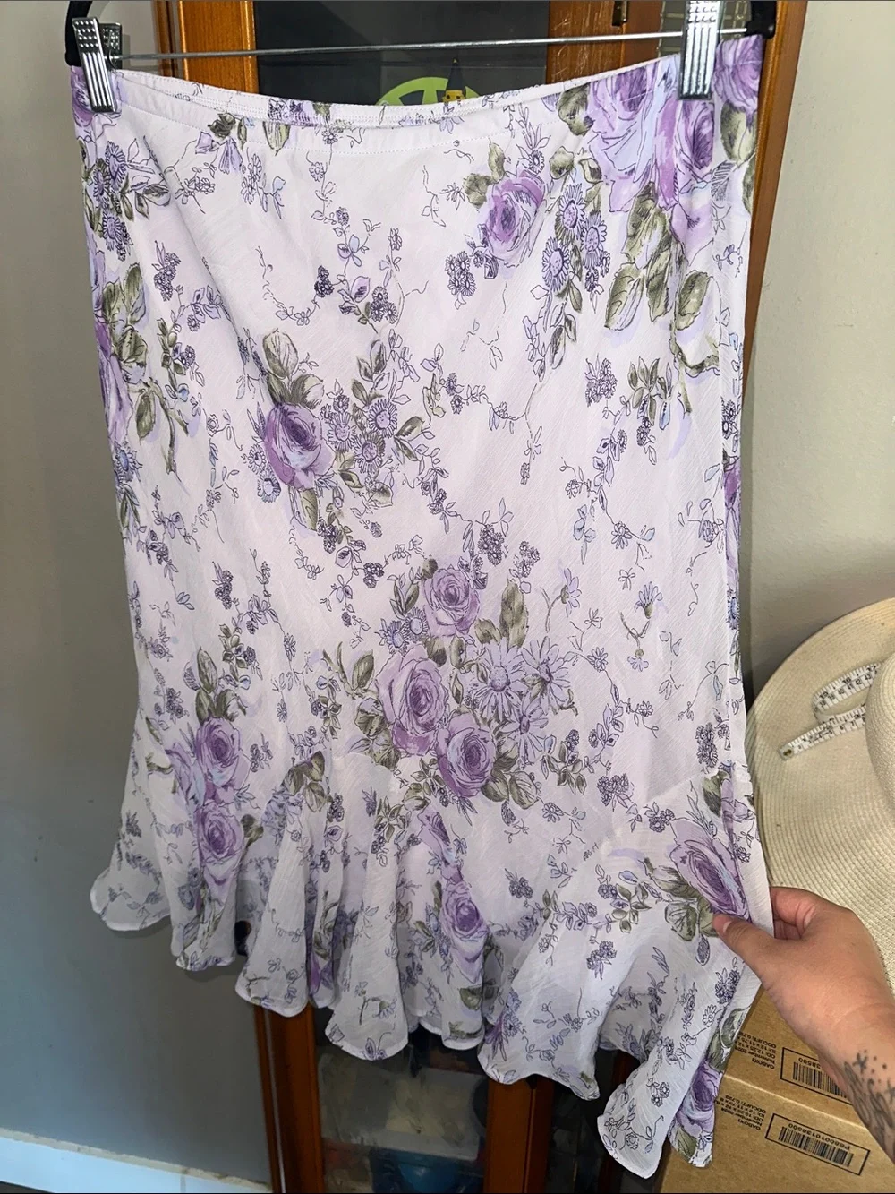 Lavender Floral Midi Skirt with Ruffle Hem